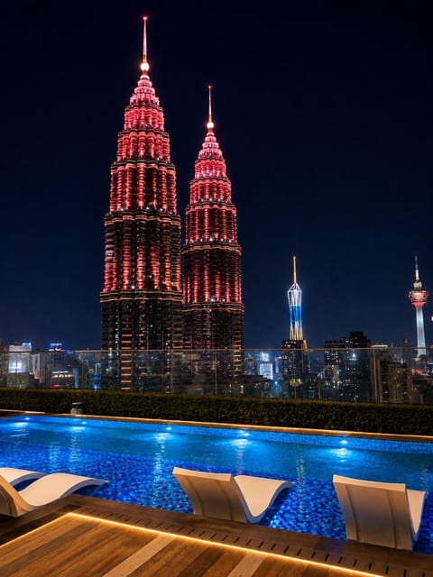 Property building, Night, City view, Pool view, Swimming pool