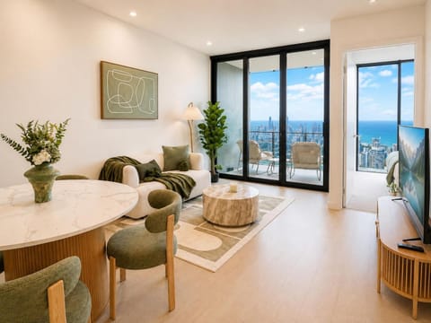 View (from property/room), Balcony/Terrace, Living room, Seating area, City view, Sea view