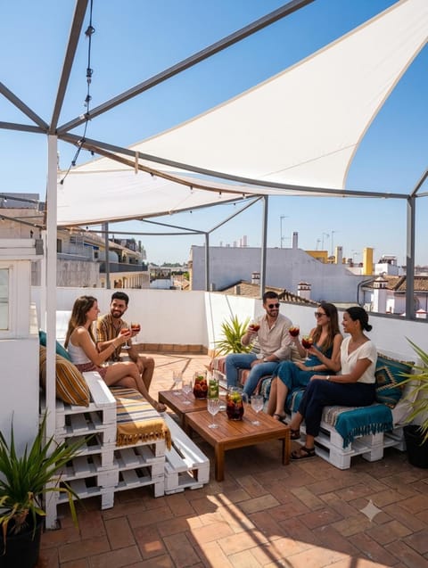 Balcony/Terrace, City view, group of guests, sunbed