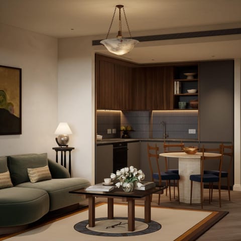 Kitchen or kitchenette, Living room, Seating area, Dining area