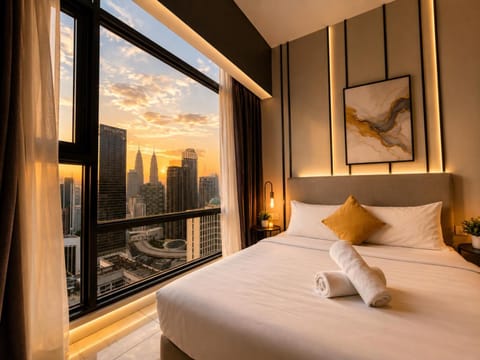 Bed, Photo of the whole room, Bedroom, City view, towels