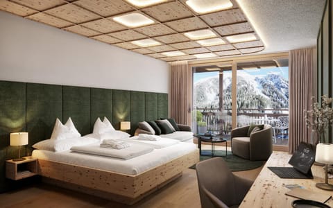 Bed, Seating area, Bedroom, Mountain view