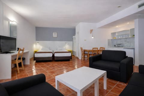 TV and multimedia, Kitchen or kitchenette, Living room, Photo of the whole room, Seating area, Bedroom