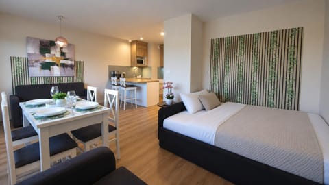 Bed, Kitchen or kitchenette, Living room, Food and drinks, Photo of the whole room, Seating area, Dining area, Bedroom, Food
