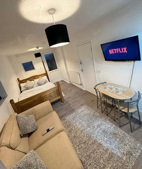 Communal lounge/ TV room, Bed, TV and multimedia, Living room, Seating area, Bedroom