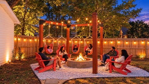 Patio, Night, Garden, Seating area, fireplace