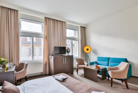Bed, TV and multimedia, Food and drinks, Photo of the whole room, Decorative detail, Seating area, Alcoholic drinks, Non alcoholic drinks