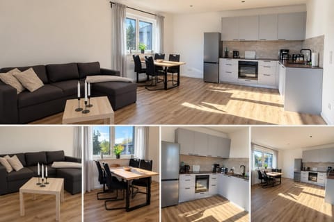 Kitchen or kitchenette, Living room, Seating area, Dining area, dishwasher, oven, stove, toaster