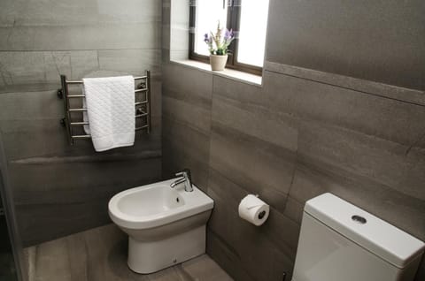 Toilet, bidet, towels