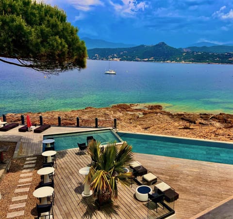 Patio, Natural landscape, Sea view, Swimming pool, sunbed