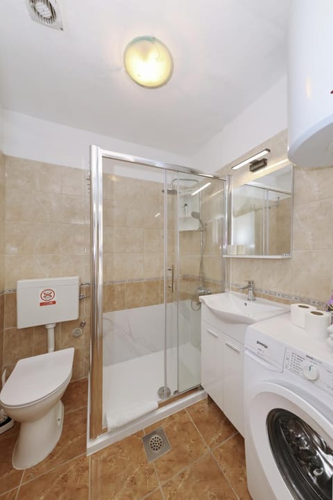 Shower, Toilet, towels, washing machine