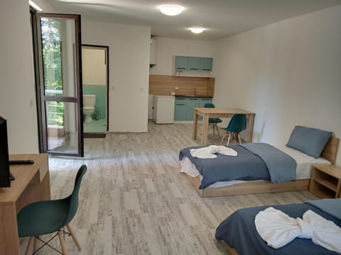 Bed, TV and multimedia, Kitchen or kitchenette, Living room, Photo of the whole room, Seating area, Dining area, Bedroom, towels