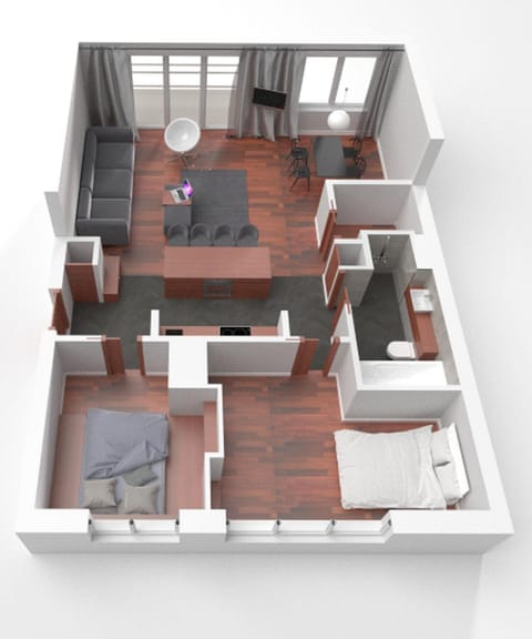 Toilet, Property building, Bed, Bird's eye view, Bathroom, TV and multimedia, Balcony/Terrace, Living room, Photo of the whole room, Seating area, Floor plan, Bedroom