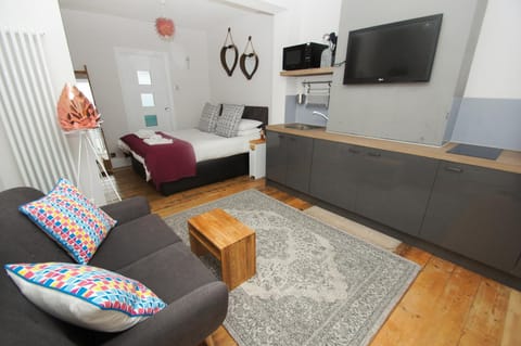 Kitchen or kitchenette, Living room, Seating area, Bedroom