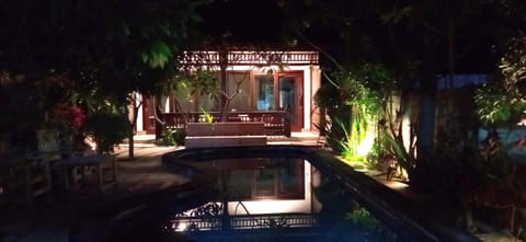 Property building, Night, Natural landscape, Garden, Garden view, Pool view, Swimming pool
