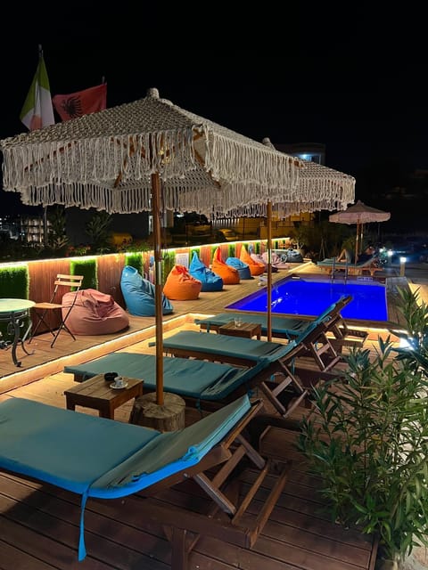 Night, Pool view, Swimming pool, sunbed