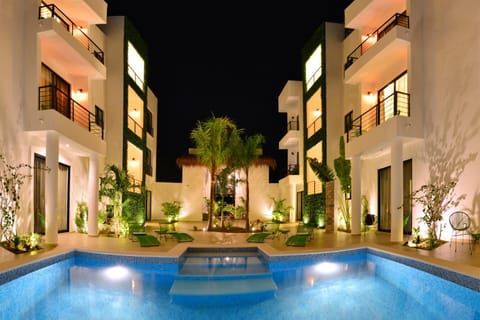 Property building, Patio, Night, Garden, Pool view, Swimming pool