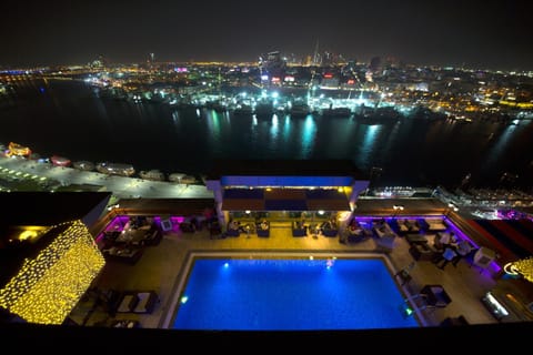 Night, Bird's eye view, Swimming pool