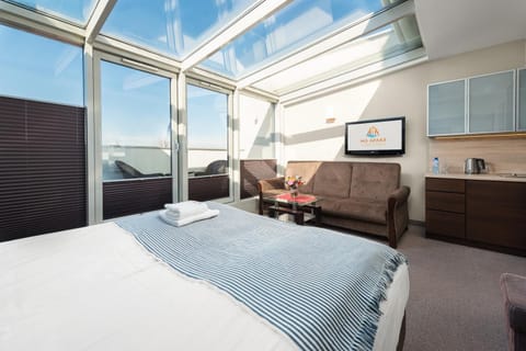 Spring, Day, TV and multimedia, Balcony/Terrace, Kitchen or kitchenette, Living room, Photo of the whole room, Seating area, Bedroom, Sea view