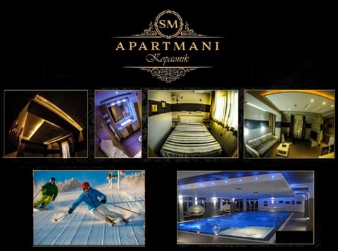 Bed, Property logo or sign, Ski School, Skiing, Bathroom, Living room, Bedroom, Swimming pool, Swimming pool