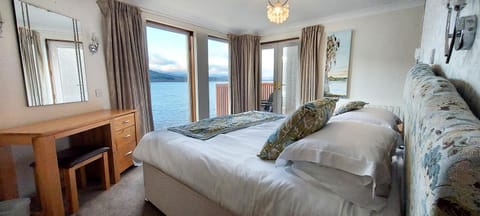 Bed, Natural landscape, Bedroom, Lake view