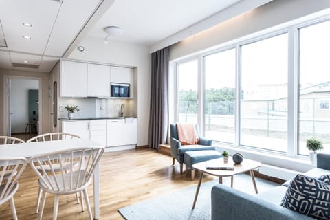 Kitchen or kitchenette, Living room, Seating area, Dining area