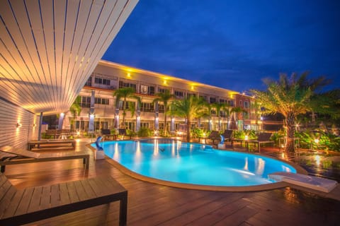Property building, Off site, Night, On site, Pool view, Swimming pool