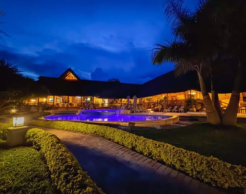 Property building, Restaurant/places to eat, Night, Natural landscape, Garden, Swimming pool