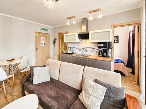Kitchen or kitchenette, Living room, Seating area, Dining area