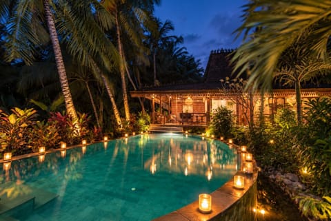 Property building, Night, Natural landscape, Garden, Garden view, Pool view, Swimming pool