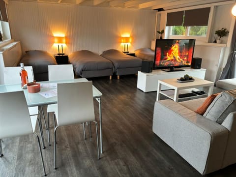 Bed, TV and multimedia, Living room, Seating area, Dining area