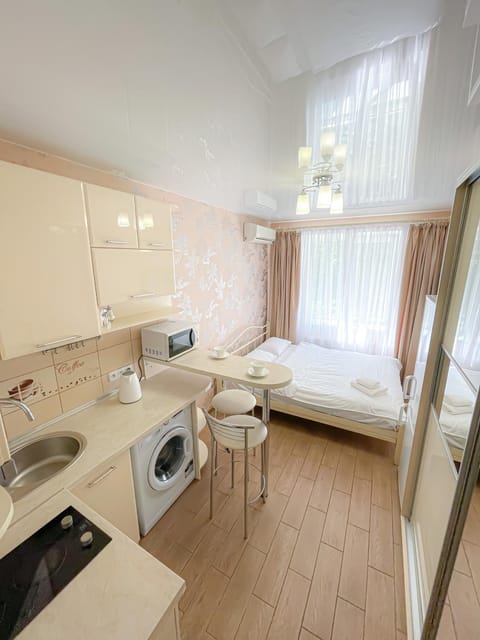 Bed, Kitchen or kitchenette, Photo of the whole room, Seating area, Dining area, oven, stove, towels, washing machine