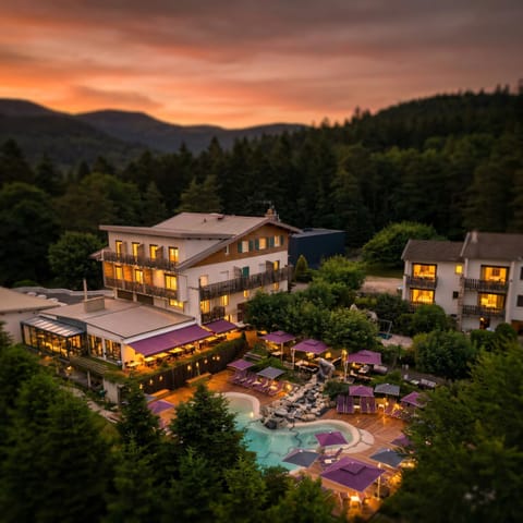 Property building, Natural landscape, Pool view, Swimming pool, Sunrise