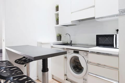 Kitchen or kitchenette, oven, stove, washing machine
