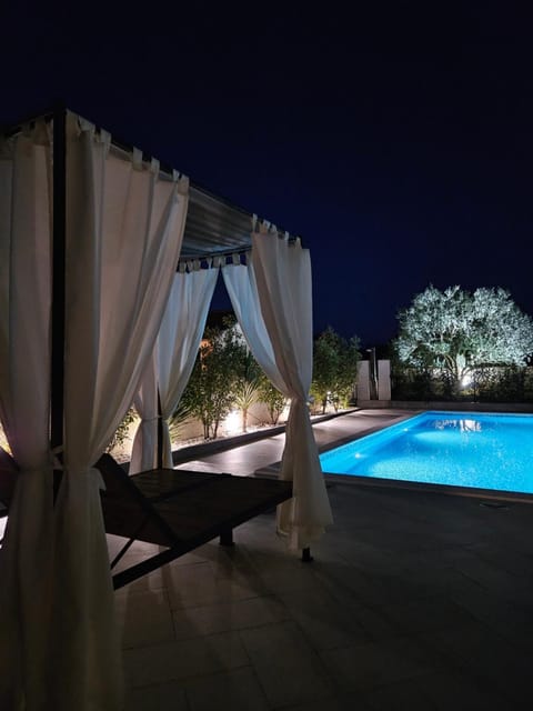 Patio, Night, Natural landscape, Pool view, Swimming pool, sunbed