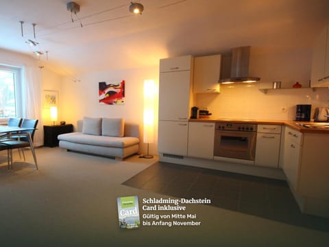 Kitchen or kitchenette, Living room, Seating area, Dining area