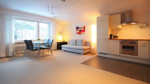 Kitchen or kitchenette, Living room, Seating area, Dining area