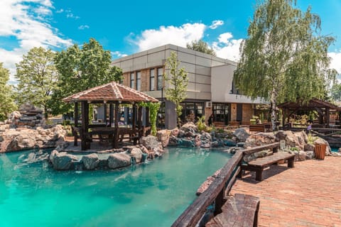 Property building, Patio, Natural landscape, Garden, Garden, Garden view, Pool view, Swimming pool, sunbed