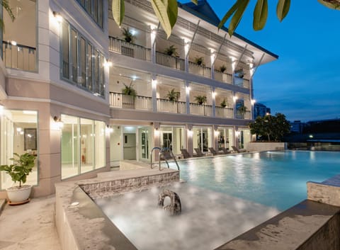 Property building, Night, Natural landscape, Pool view, Swimming pool