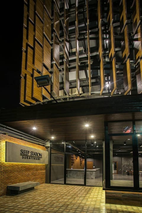 Property building, Facade/entrance, Night, Property logo or sign, Lobby or reception