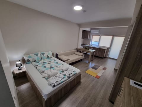 Bed, TV and multimedia, Kitchen or kitchenette, Living room, Photo of the whole room, Seating area, Bedroom