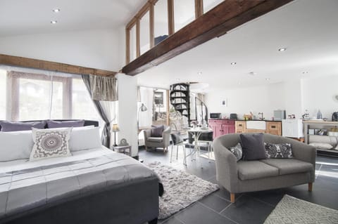 Bed, Bird's eye view, Coffee/tea facilities, Kitchen or kitchenette, Living room, Decorative detail, Seating area, Floor plan, Non alcoholic drinks