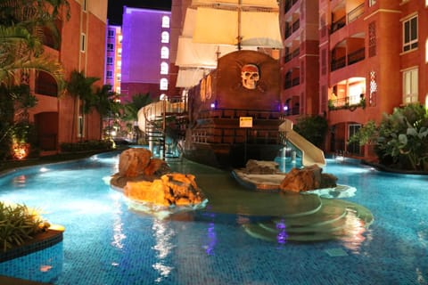 Property building, Night, Swimming pool