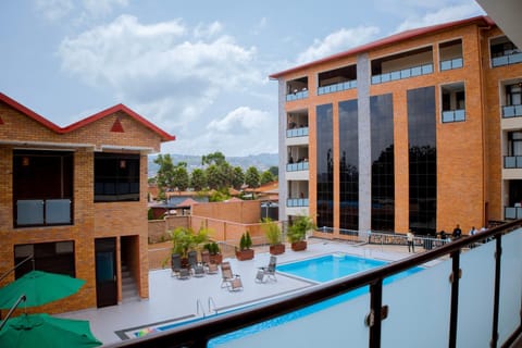Property building, View (from property/room), Balcony/Terrace, Pool view, Swimming pool
