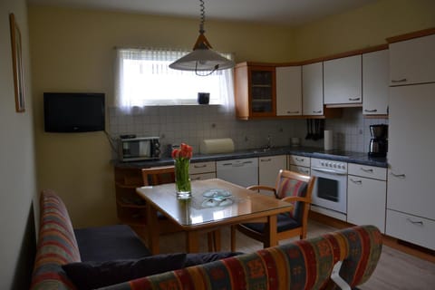 Kitchen or kitchenette, Living room, Seating area, Dining area