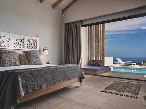 View (from property/room), Living room, Photo of the whole room, Bedroom, Pool view, Sea view, Swimming pool