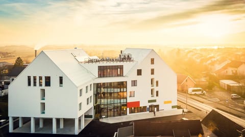 Facade/entrance, Bird's eye view, On site, Sunrise