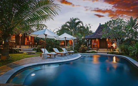 Property building, Swimming pool, Sunset