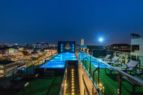 Night, Lounge or bar, Pool view, Swimming pool