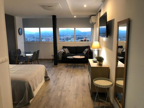 Bed, TV and multimedia, Living room, Seating area, Bedroom, hair dresser